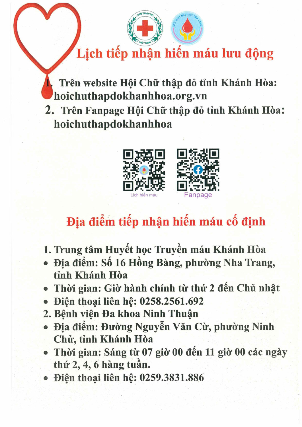 Lịch hiến máu Lưu động và cố định